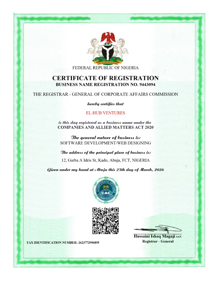 EL-HUB VENTURES certificate enlarged preview